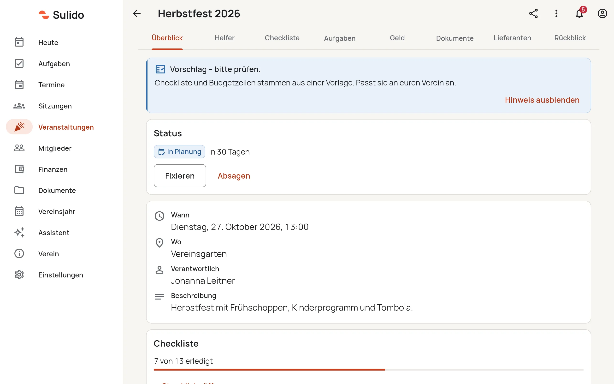Veranstaltung „Herbstfest 2026“ in Sulido mit Reitern Überblick, Helfer, Checkliste, Aufgaben, Geld, Dokumente, Lieferanten und Rückblick; Ort, Verantwortliche und Checkliste mit 7 von 13 erledigten Punkten.
