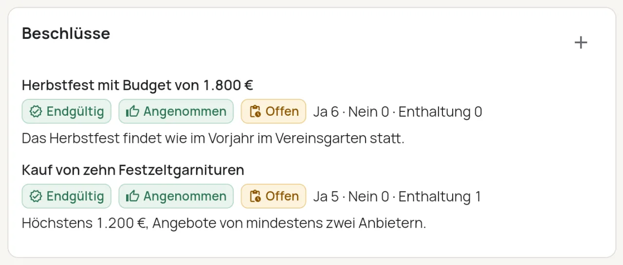 Beschlüsse einer Vorstandssitzung: „Herbstfest mit Budget von 1.800 €“ und „Kauf von zehn Festzeltgarnituren“, jeweils endgültig, angenommen, mit Ja-, Nein- und Enthaltungsstimmen.