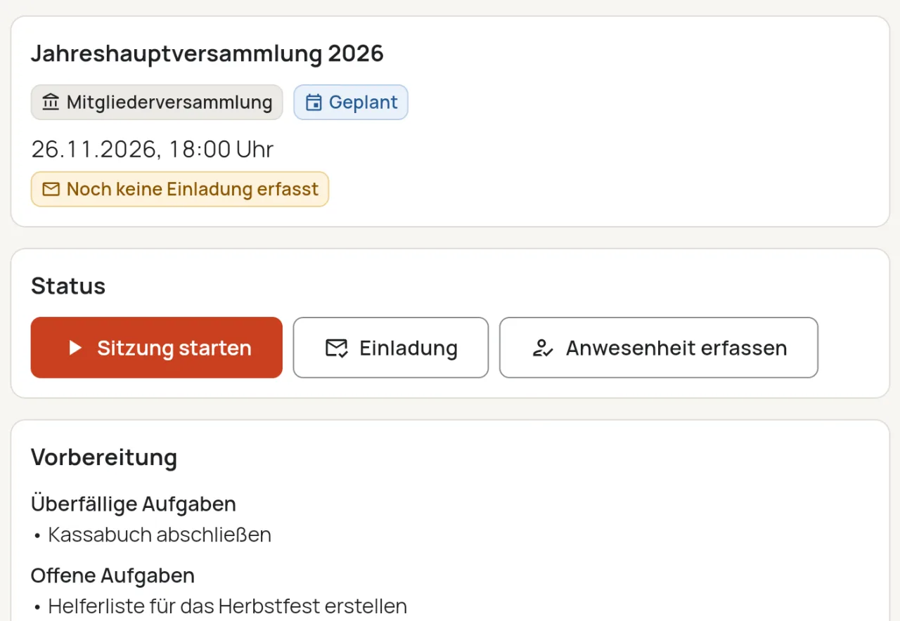 Sitzung „Jahreshauptversammlung 2026“ in Sulido: Status geplant, Hinweis „Noch keine Einladung erfasst“ und eine Vorbereitung mit überfälligen und offenen Aufgaben.