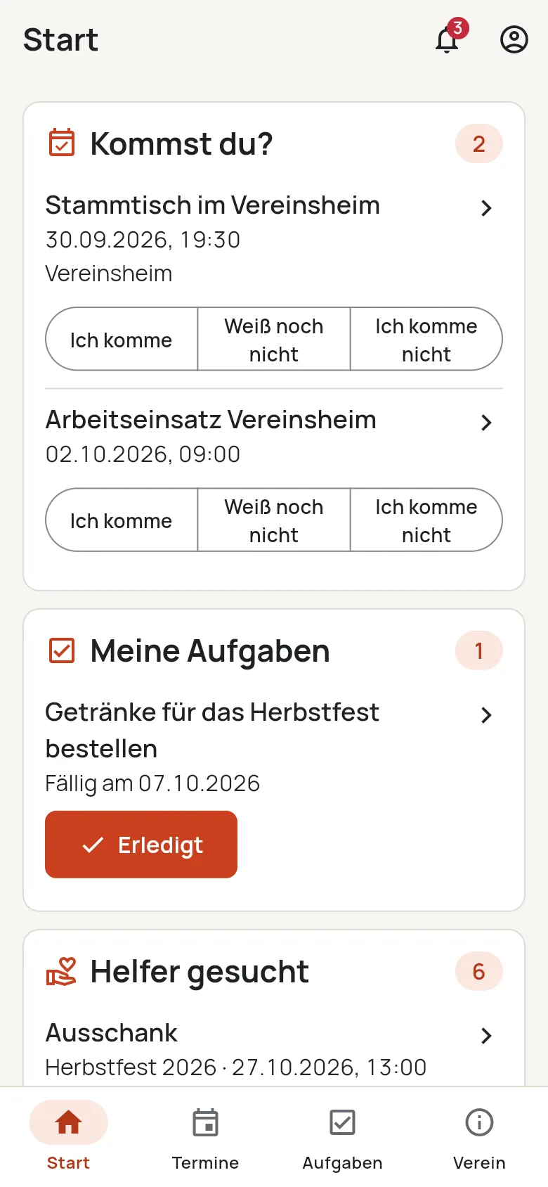 Mitgliederansicht „Start“ in Sulido: „Kommst du?“ mit Zu- und Absage für den Stammtisch, eigene Aufgabe mit „Erledigt“ und „Helfer gesucht“.