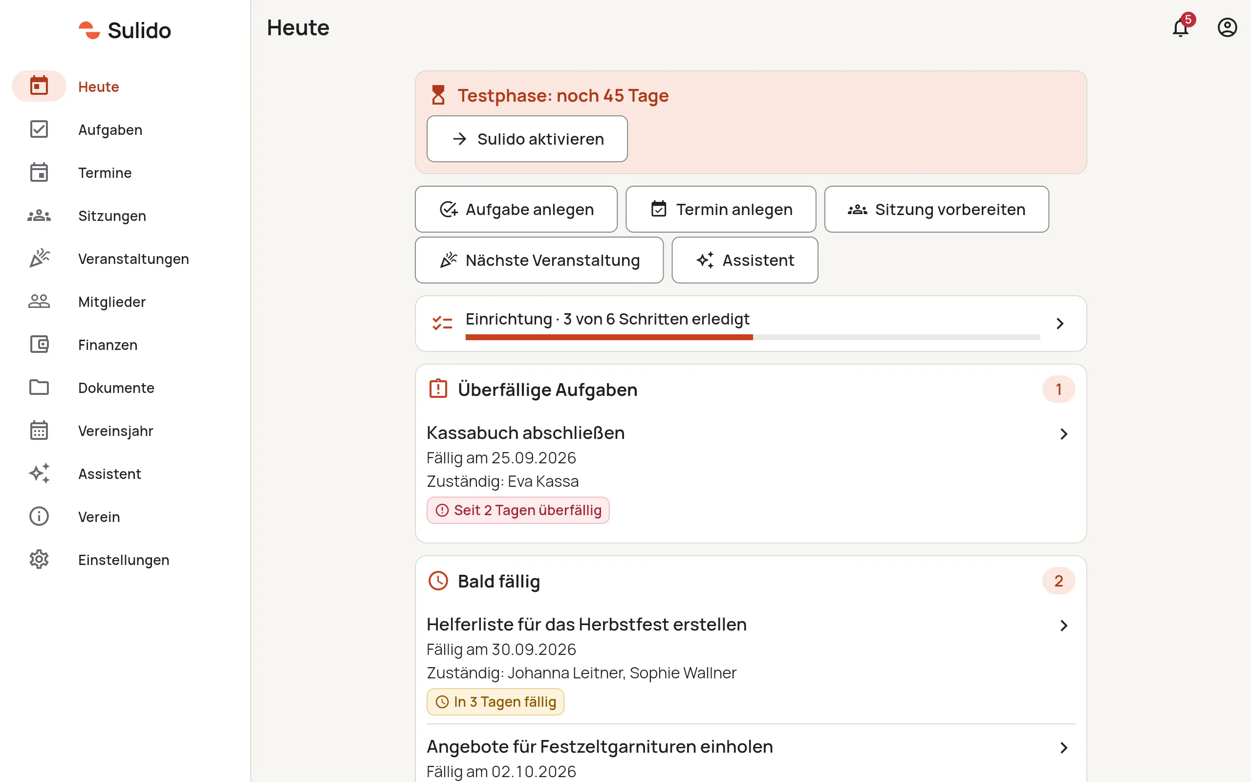Die Startseite „Heute“ in Sulido am Computer: überfällige und bald fällige Aufgaben mit Zuständigen, Schnellaktionen und der Stand der Einrichtung.